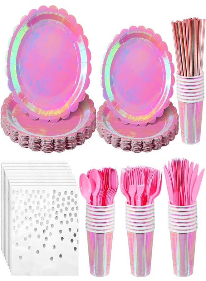 Jinei 200 Pcs Pink Spa Party Supplies Serve 25, Disposable Pink Iridescent Scalloped Paper Plates Napkins Tableware Set for Witch Princess Themed Birthday Sleepover Slumber Party - Image 1