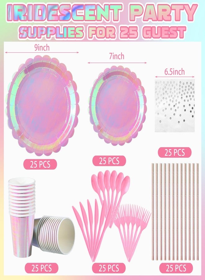 Jinei 200 Pcs Pink Spa Party Supplies Serve 25, Disposable Pink Iridescent Scalloped Paper Plates Napkins Tableware Set for Witch Princess Themed Birthday Sleepover Slumber Party - Image 2