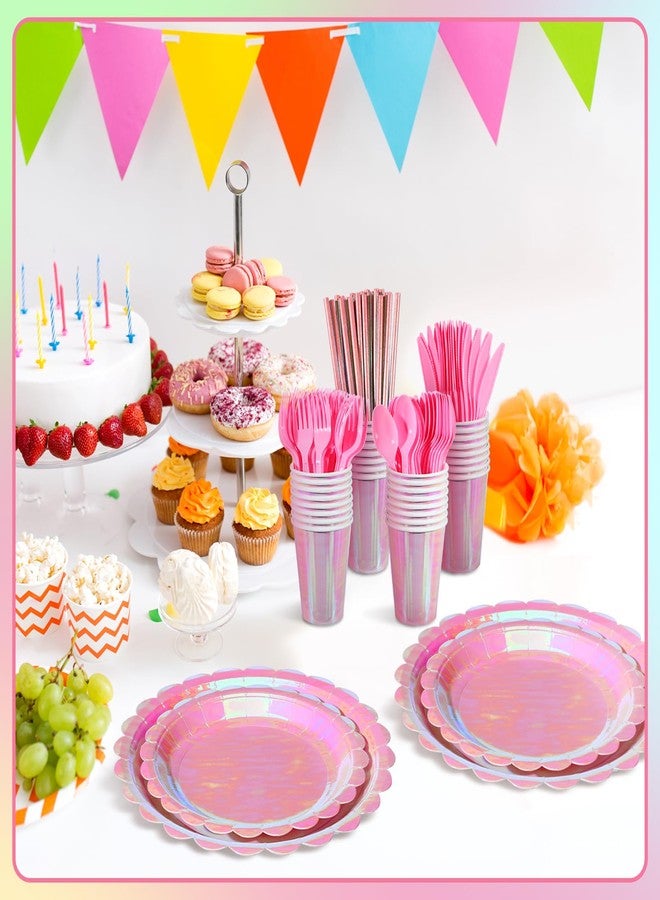 Jinei 200 Pcs Pink Spa Party Supplies Serve 25, Disposable Pink Iridescent Scalloped Paper Plates Napkins Tableware Set for Witch Princess Themed Birthday Sleepover Slumber Party - Image 4