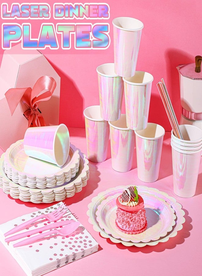 Jinei 200 Pcs Pink Spa Party Supplies Serve 25, Disposable Pink Iridescent Scalloped Paper Plates Napkins Tableware Set for Witch Princess Themed Birthday Sleepover Slumber Party - Image 3