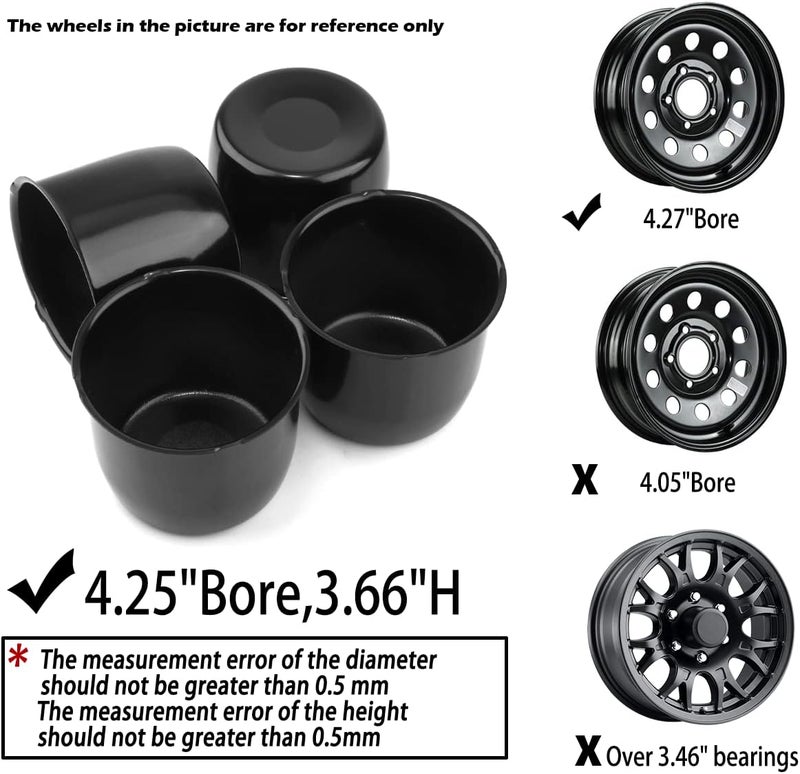 4 قطع من أغطية مركز عجلات القطارات بقياس 4.25 بوصة، قابلة للتركيب من الخلف، بقطر 4.25 بوصة وارتفاع 3.66 بوصة، مناسبة لعجلات الشاحنات والسيارات الرياضية ومنازل الريف، بتصميم أسود. - Image 5