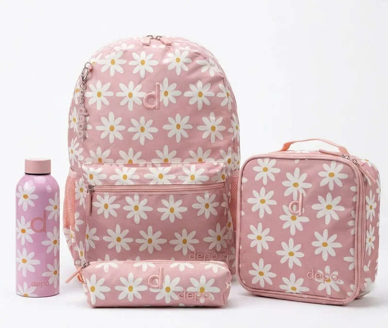 Depo DEPO Pink Daisy Floral Print 4-Piece School Backpack Set – 44cm Backpack, Insulated Lunch Bag, Pencil Case & 500ml BPA-Free Water Bottle | Lightweight & Water-Resistant