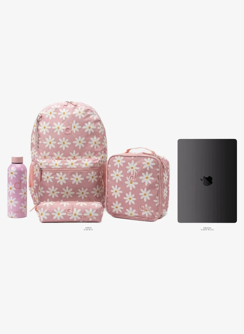 Depo DEPO Pink Daisy Floral Print 4-Piece School Backpack Set – 44cm Backpack, Insulated Lunch Bag, Pencil Case & 500ml BPA-Free Water Bottle | Lightweight & Water-Resistant