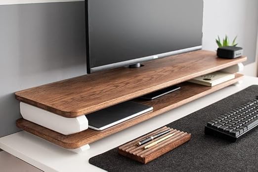 carpentray Store Wooden Monitor Stand with Storage Organizer for Desk with Wire Hole, Tables, Office, Home, Studio, Study Table | Monitor Stand Riser (White Legs, 120Cm Long) - Image 1