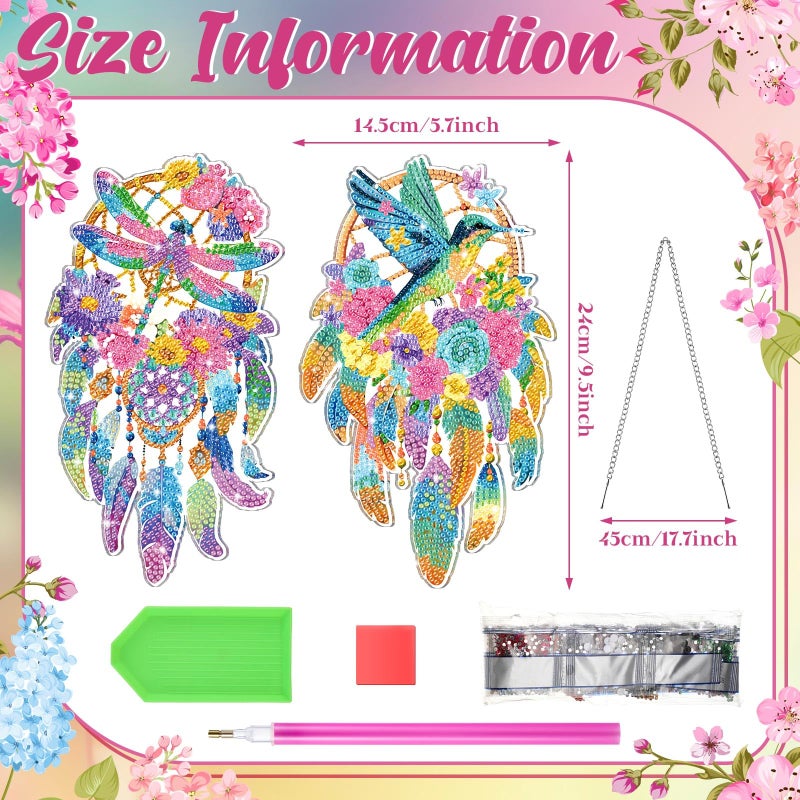 Saillong 2 Pcs Hummingbird Hanging Diamond Art Kits for Adults Hummingbird Diamond Art Painting Suncatcher Dragonfly Dream Catcher Hanging Decor 5d DIY Rhinestone Wind Chime Decor for Home Wall Window - Image 3