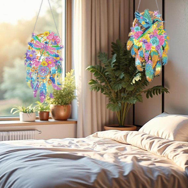 Saillong 2 Pcs Hummingbird Hanging Diamond Art Kits for Adults Hummingbird Diamond Art Painting Suncatcher Dragonfly Dream Catcher Hanging Decor 5d DIY Rhinestone Wind Chime Decor for Home Wall Window - Image 2