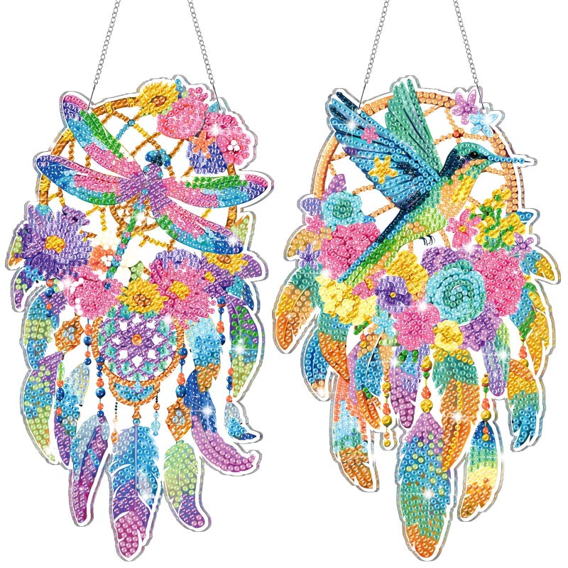 Saillong 2 Pcs Hummingbird Hanging Diamond Art Kits for Adults Hummingbird Diamond Art Painting Suncatcher Dragonfly Dream Catcher Hanging Decor 5d DIY Rhinestone Wind Chime Decor for Home Wall Window - Image 1