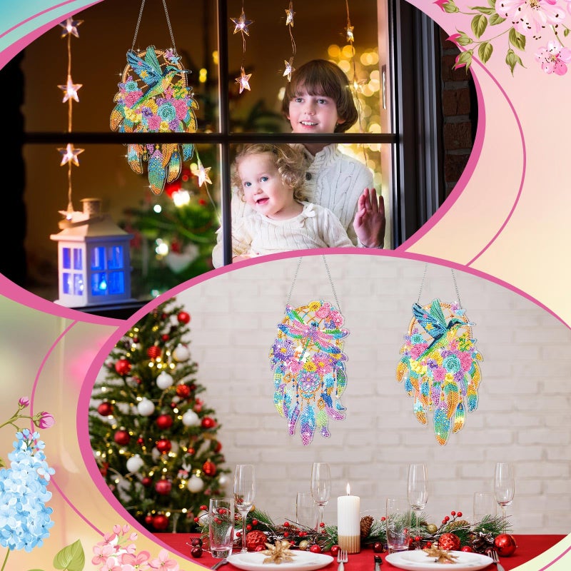 Saillong 2 Pcs Hummingbird Hanging Diamond Art Kits for Adults Hummingbird Diamond Art Painting Suncatcher Dragonfly Dream Catcher Hanging Decor 5d DIY Rhinestone Wind Chime Decor for Home Wall Window - Image 4