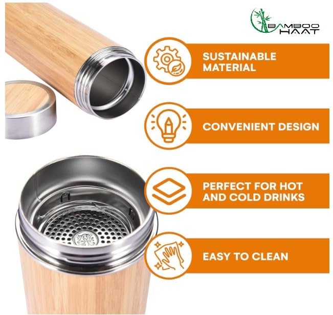 BAMBOO HAAT 100 Organic Bamboo Stainless Steel Infuser Water Bottle Tumbler with Tea Infuser Strainer Latest Vacuum Insulation Technology Keep Coffee 450ml 2 Count - Image 2