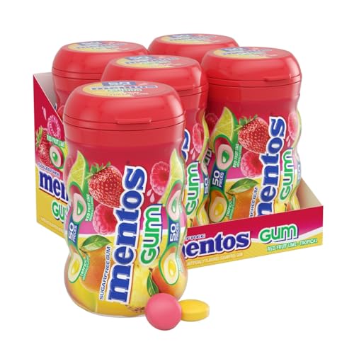 Mentos SugarFree Chewing Gum Tropical Red Fruit and Lime 50 Piece Bottle Pack of 4 Bottles