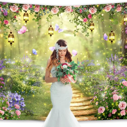 Imirell Fairy Wonderland Tale Backdrop 7Wx5H Feet Greenery Enchanted Woodland Garden Polyester Fabric Pink Purple Flower Floral Butterfly Photography Backgrounds Photo Shoot Decor Props Decoration - Image 2