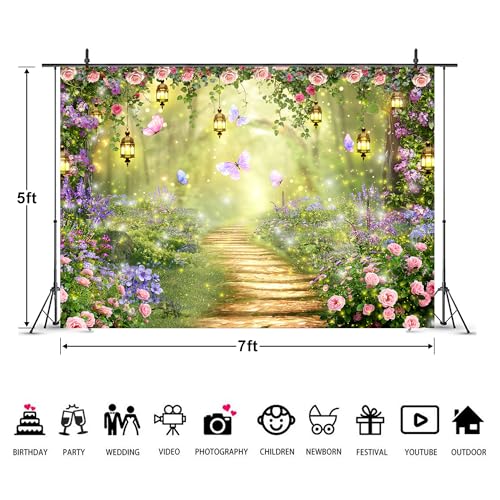 Imirell Fairy Wonderland Tale Backdrop 7Wx5H Feet Greenery Enchanted Woodland Garden Polyester Fabric Pink Purple Flower Floral Butterfly Photography Backgrounds Photo Shoot Decor Props Decoration - Image 4