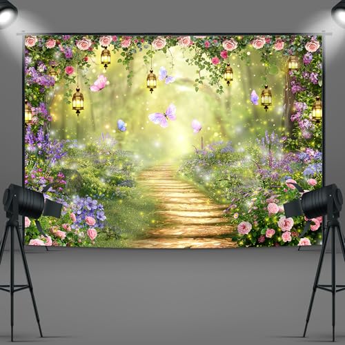 Imirell Fairy Wonderland Tale Backdrop 7Wx5H Feet Greenery Enchanted Woodland Garden Polyester Fabric Pink Purple Flower Floral Butterfly Photography Backgrounds Photo Shoot Decor Props Decoration - Image 5