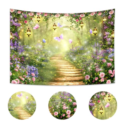 Imirell Fairy Wonderland Tale Backdrop 7Wx5H Feet Greenery Enchanted Woodland Garden Polyester Fabric Pink Purple Flower Floral Butterfly Photography Backgrounds Photo Shoot Decor Props Decoration - Image 3