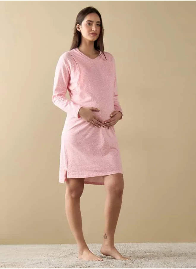 فاف All-Over Floral Print Nursing Sleepshirt with Long Sleeves