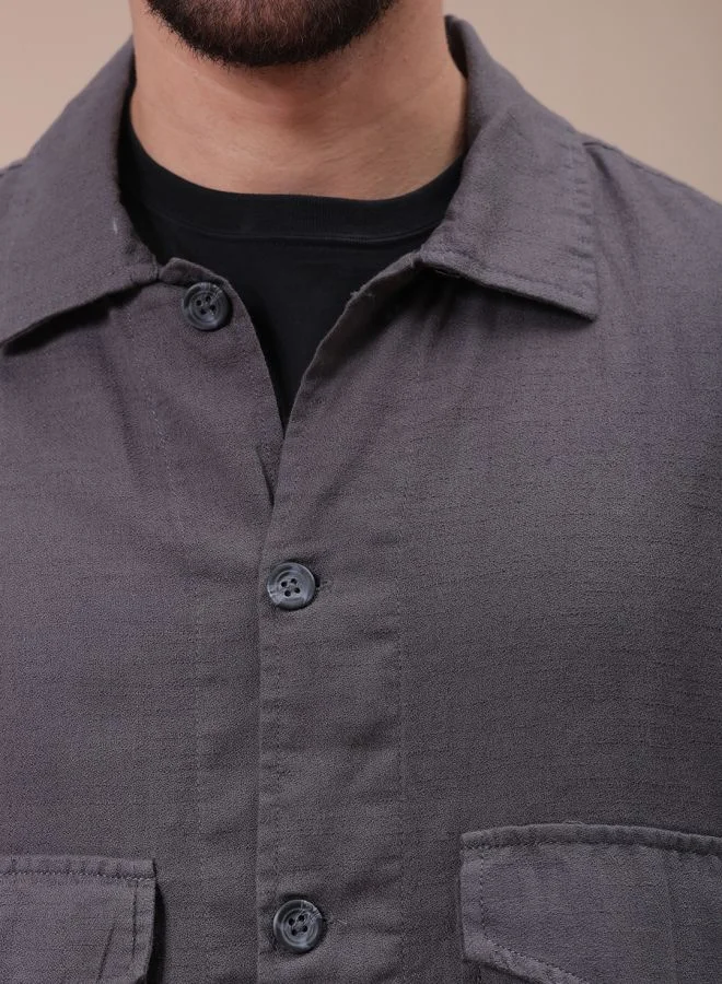 شركة المرآب الهندية Men Regular Fit Solid Full Sleeves Cutaway Collar Double Flap Pocket Resort Wear Over Shirt