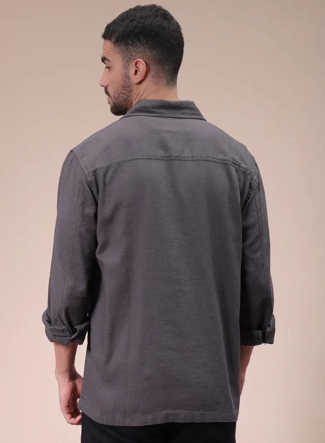 شركة المرآب الهندية Men Regular Fit Solid Full Sleeves Cutaway Collar Double Flap Pocket Resort Wear Over Shirt