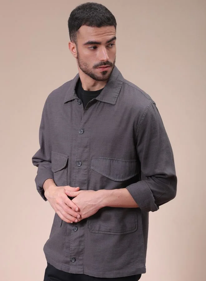 شركة المرآب الهندية Men Regular Fit Solid Full Sleeves Cutaway Collar Double Flap Pocket Resort Wear Over Shirt