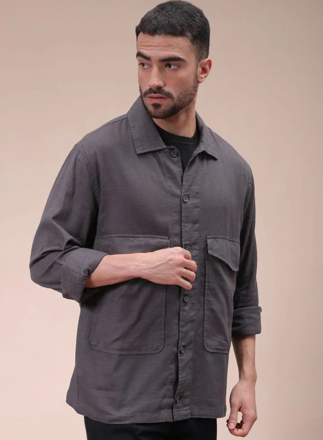 شركة المرآب الهندية Men Regular Fit Solid Full Sleeves Cutaway Collar Double Flap Pocket Resort Wear Over Shirt