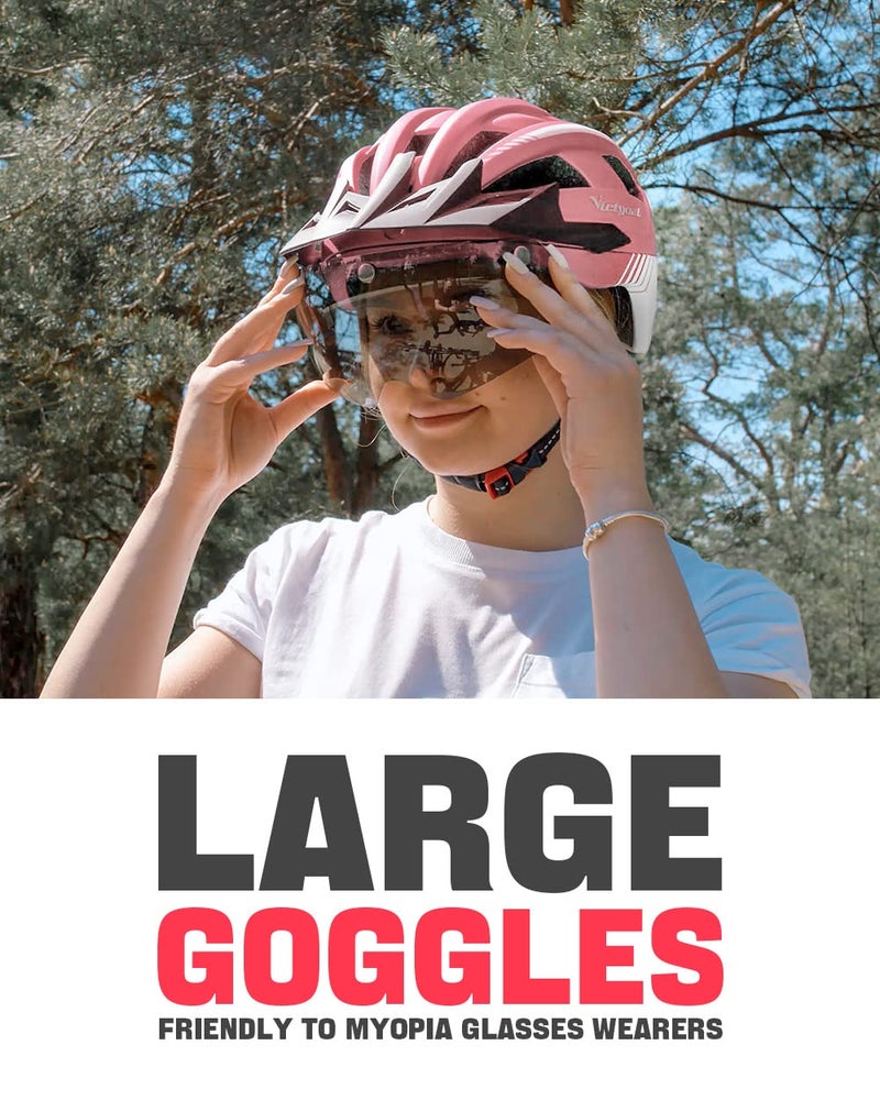 VICTGOAL Bike Helmet with USB Rechargeable Rear Light Detachable Magnetic Goggles Removable Sun Visor Mountain & Road Bicycle Helmets for Men Women Adult Cycling Helmets (L: 57-61 cm, Pink) - Image 5