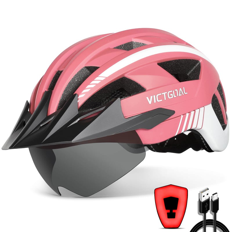 VICTGOAL Bike Helmet with USB Rechargeable Rear Light Detachable Magnetic Goggles Removable Sun Visor Mountain & Road Bicycle Helmets for Men Women Adult Cycling Helmets (L: 57-61 cm, Pink) - Image 1