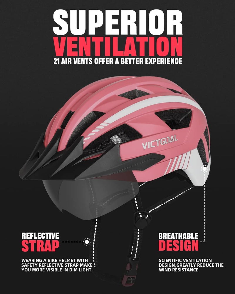 VICTGOAL Bike Helmet with USB Rechargeable Rear Light Detachable Magnetic Goggles Removable Sun Visor Mountain & Road Bicycle Helmets for Men Women Adult Cycling Helmets (L: 57-61 cm, Pink) - Image 3