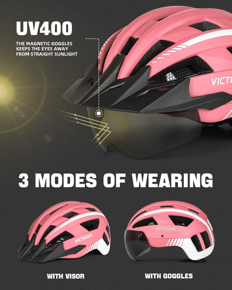 VICTGOAL Bike Helmet with USB Rechargeable Rear Light Detachable Magnetic Goggles Removable Sun Visor Mountain & Road Bicycle Helmets for Men Women Adult Cycling Helmets (L: 57-61 cm, Pink) - Image 2