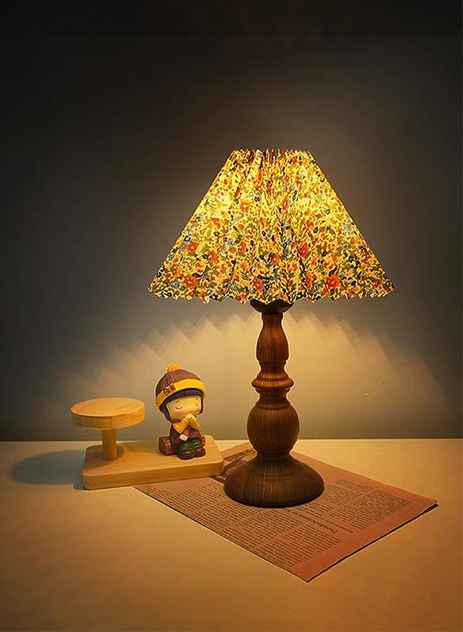 LED Table Lamp Adjustable Brightness USB Nightstand Light for Bedroom Living Room Bedside Walnut Wooden with Floral Pattern Pleated Shade Ideal for Reading - Image 1