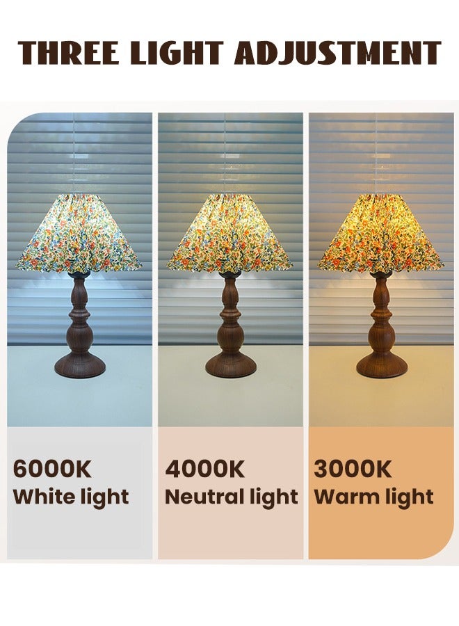 LED Table Lamp Adjustable Brightness USB Nightstand Light for Bedroom Living Room Bedside Walnut Wooden with Floral Pattern Pleated Shade Ideal for Reading - Image 4