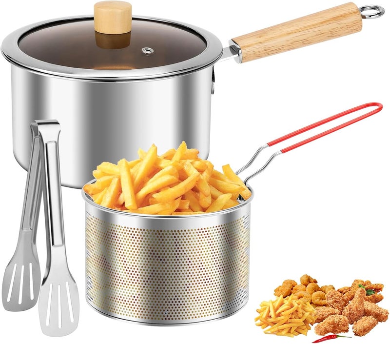 Angju Deep Fryer Pot with Basket and Handle, Stainless Steel Oil Strainer Pot with Lid, Small Tempura Deep Frying Pot, Portable Food Cooking Pot for Frying Fish Shrimp Chicken and Fries - Image 1