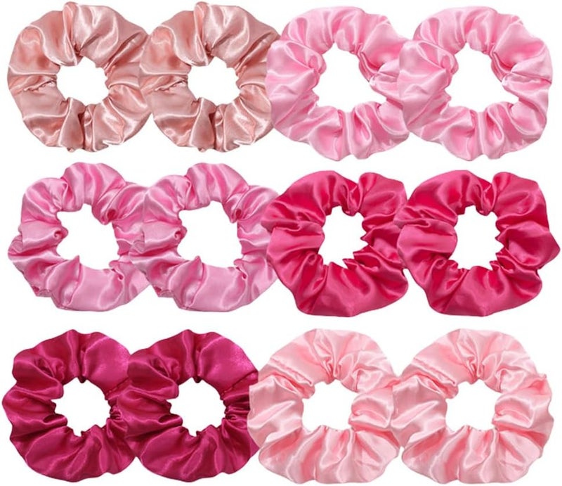 12 PcsSet Pink Silk Satin Hair Scrunchies Blush Theme Hair Ties Elastic Soft Scrunchy Hair Bands Hair Ropes Ponytail Holder Hair Accessories for Women