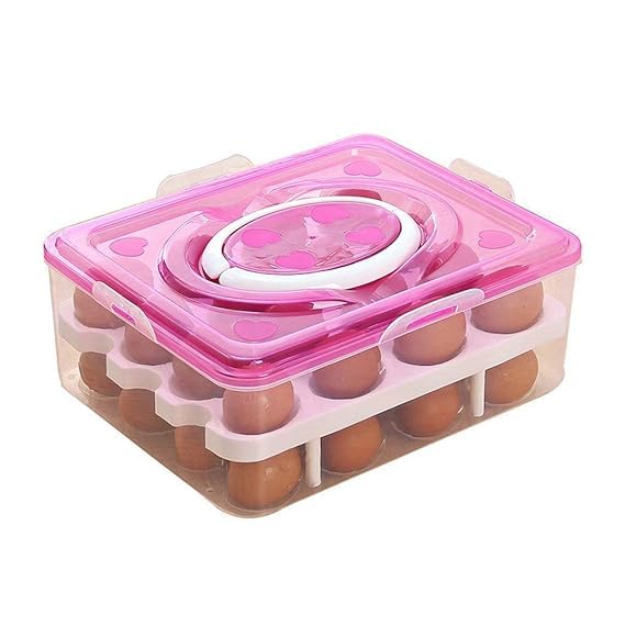 DIKPUL GROUP DIKPUL Double Layer Plastic 32 Grid Egg Holder Storage Box for Refrigerator Kitchen with Lid and Plastic Tray Carrier Cases pink - Image 1