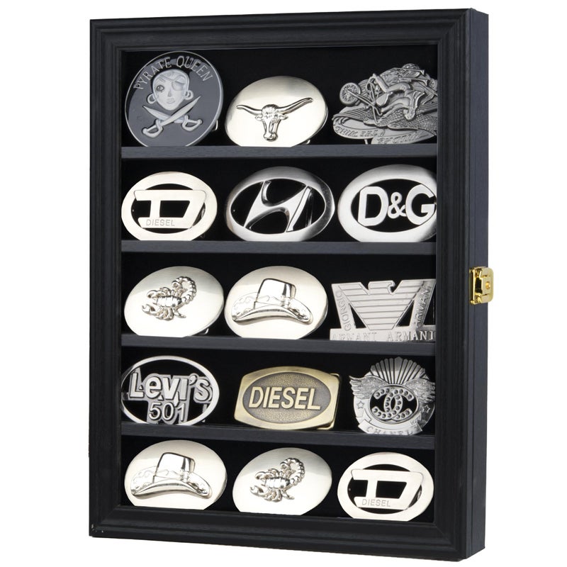 DisplayGifts Belt Buckle Display Case 16x12 Inch, Wall Mount Shadow Box with UV Protection Door, Western Buckle Collector Display Frame for 2.25" to 3.25" Buckles, 5-Tier Display, Black Finish - Image 1