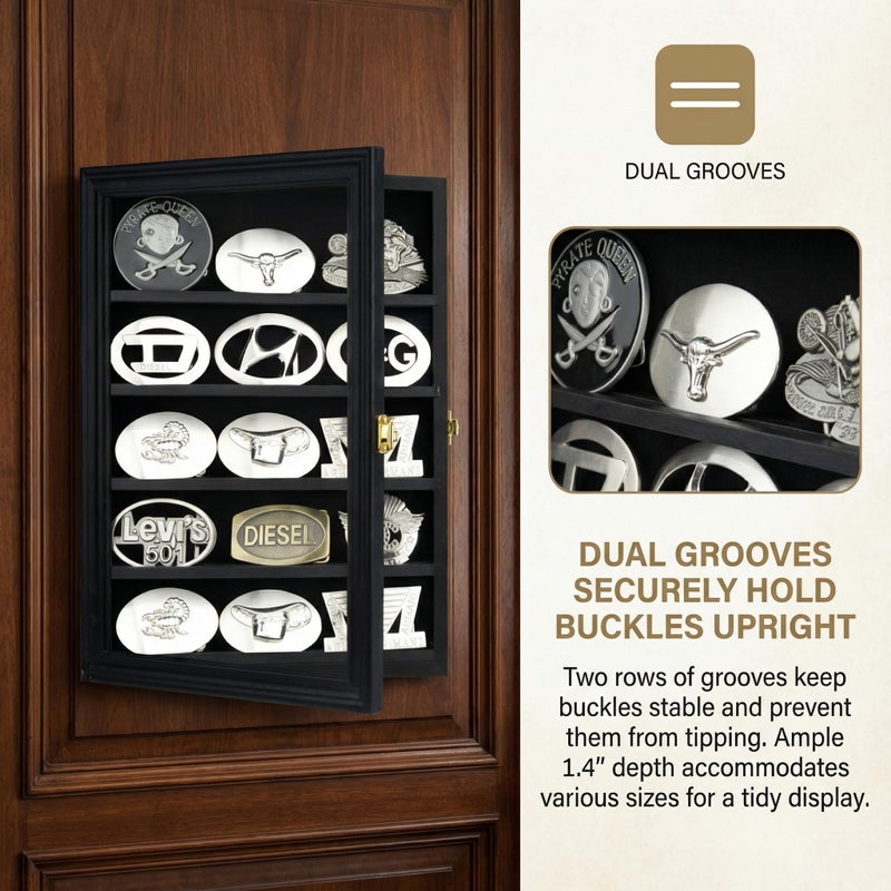 DisplayGifts Belt Buckle Display Case 16x12 Inch, Wall Mount Shadow Box with UV Protection Door, Western Buckle Collector Display Frame for 2.25" to 3.25" Buckles, 5-Tier Display, Black Finish - Image 5