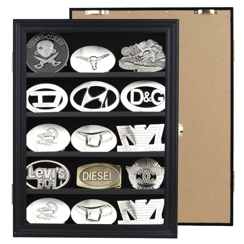 DisplayGifts Belt Buckle Display Case 16x12 Inch, Wall Mount Shadow Box with UV Protection Door, Western Buckle Collector Display Frame for 2.25" to 3.25" Buckles, 5-Tier Display, Black Finish - Image 3