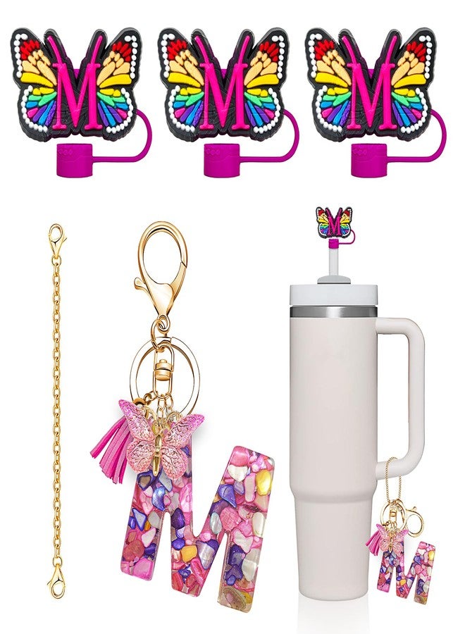 DMLNN Straw Covers for Stanley Cup, 3Pcs Butterfly Initial Letter Straw Covers with Initial Letter Keychains - RoseRed (Letter M) - Image 1