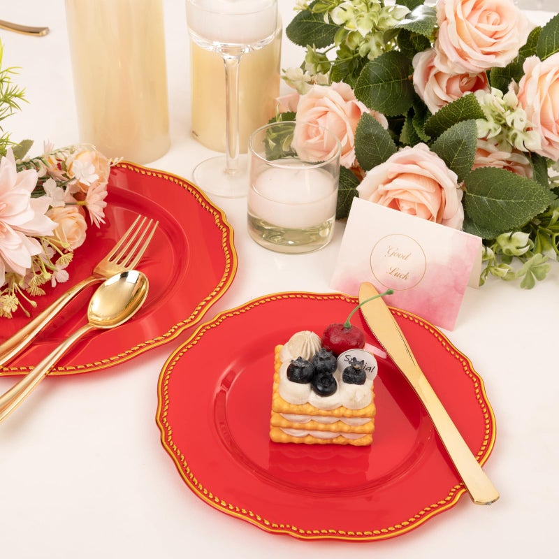 Hioasis 60pcs Red Plastic Plates - Red and Gold Disposable Dinnerware with Gold Rim, Heavy-duty, 7.5 inch, Dessert Plates for Party & Christmas - Image 3