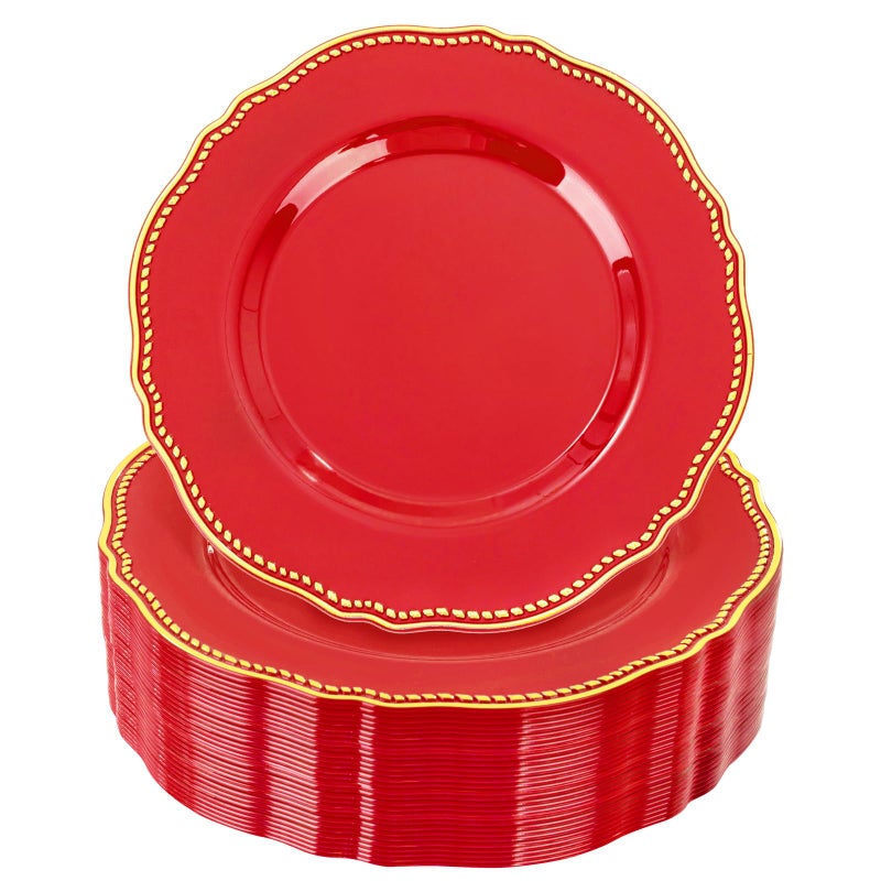 Hioasis 60pcs Red Plastic Plates - Red and Gold Disposable Dinnerware with Gold Rim, Heavy-duty, 7.5 inch, Dessert Plates for Party & Christmas - Image 1