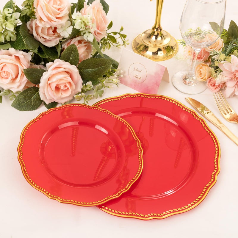 Hioasis 60pcs Red Plastic Plates - Red and Gold Disposable Dinnerware with Gold Rim, Heavy-duty, 7.5 inch, Dessert Plates for Party & Christmas - Image 2