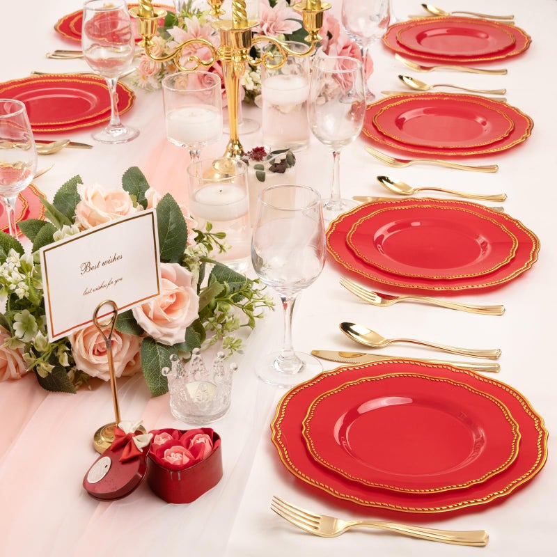 Hioasis 60pcs Red Plastic Plates - Red and Gold Disposable Dinnerware with Gold Rim, Heavy-duty, 7.5 inch, Dessert Plates for Party & Christmas - Image 5
