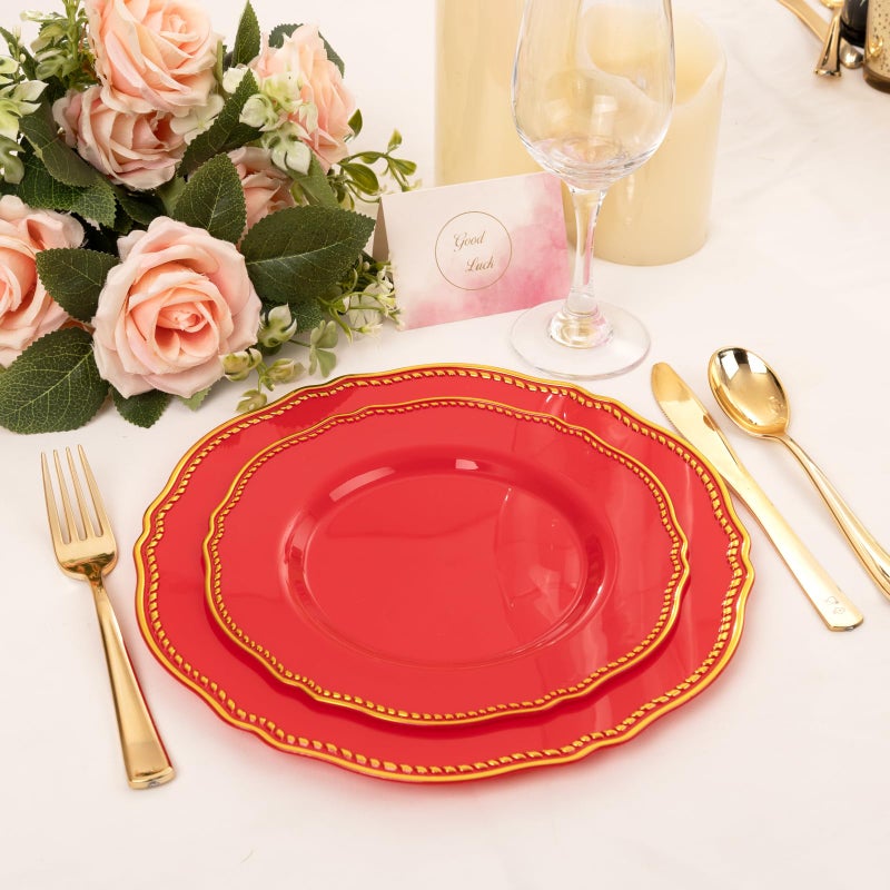 Hioasis 60pcs Red Plastic Plates - Red and Gold Disposable Dinnerware with Gold Rim, Heavy-duty, 7.5 inch, Dessert Plates for Party & Christmas - Image 4