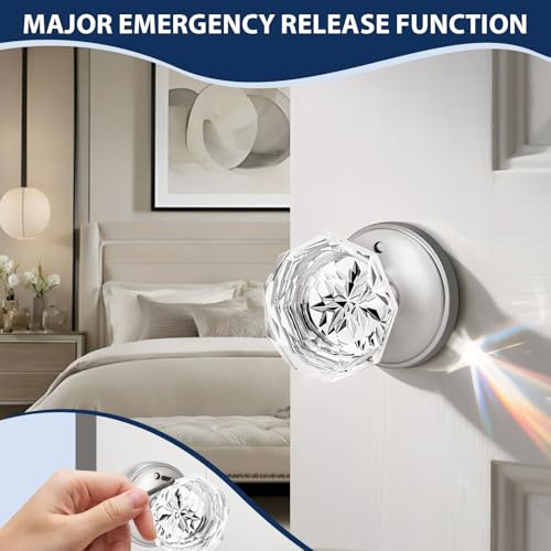 Orger 3 Pack Diamond Glass Door Knobs, Crystal Privacy Door Handles for Bedroom/Bathroom, Interior Keyless Door Knobs with Pin Lock, Satin Nickel Zinc Alloy Rosette - Image 5