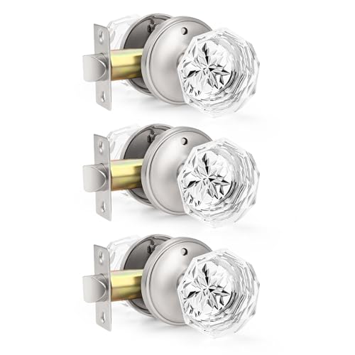 Orger 3 Pack Diamond Glass Door Knobs, Crystal Privacy Door Handles for Bedroom/Bathroom, Interior Keyless Door Knobs with Pin Lock, Satin Nickel Zinc Alloy Rosette - Image 1