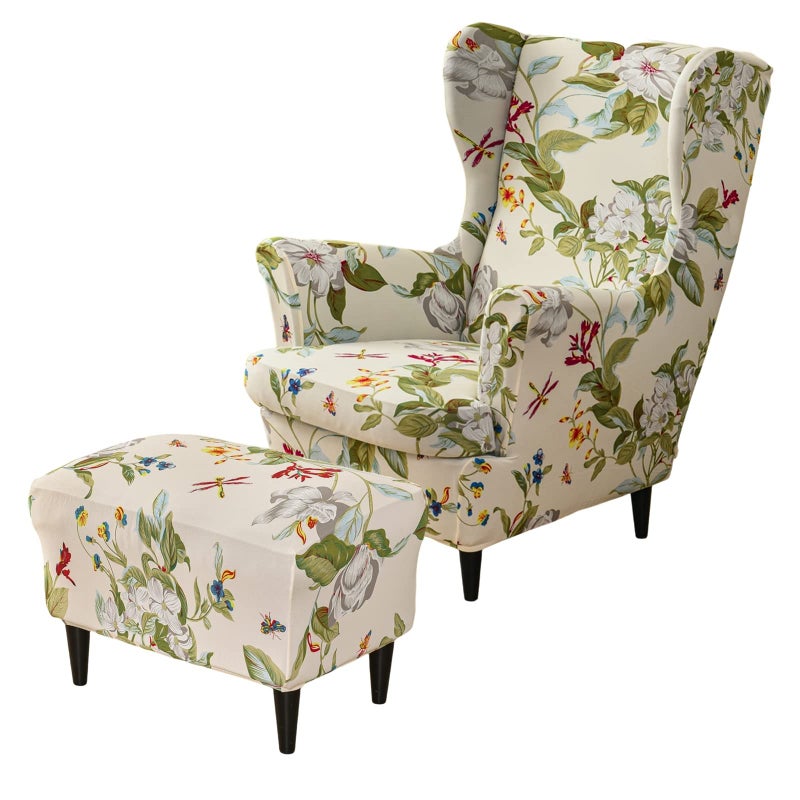 HAOYONG Stretch Wing Chair Cover Set Ottoman Slipcover 2 Pieces Wingback Chair Slipcover and and 1 Piece Rectangle Storage Stool Cover Removable Armchair Sofa Covers for Living Room Bedroom - Image 2