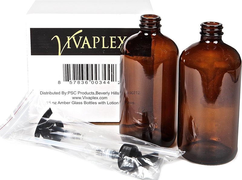 Vivaplex , 2, Large, 16 oz, Empty, Amber Glass Bottles with Black Lotion Pumps - Image 3