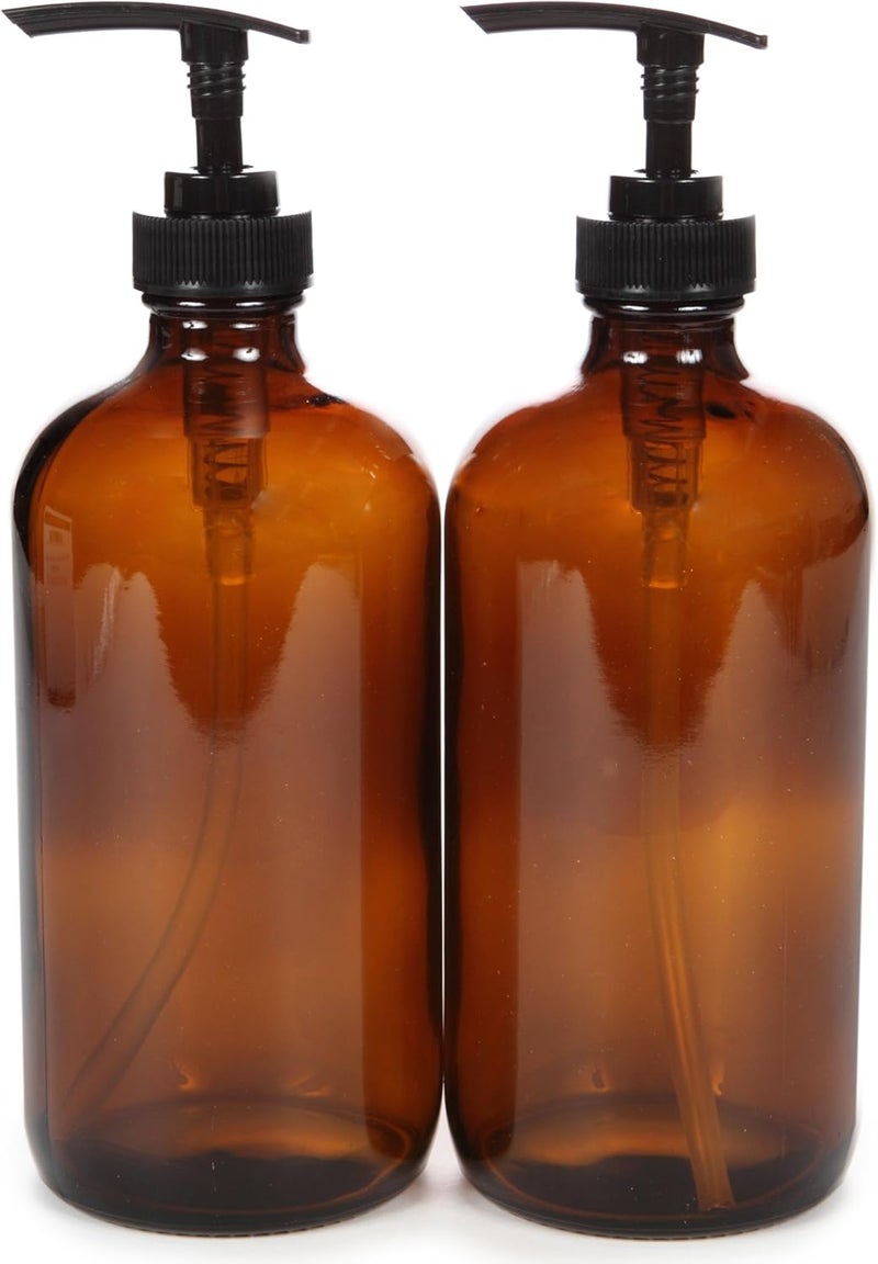 Vivaplex , 2, Large, 16 oz, Empty, Amber Glass Bottles with Black Lotion Pumps - Image 1