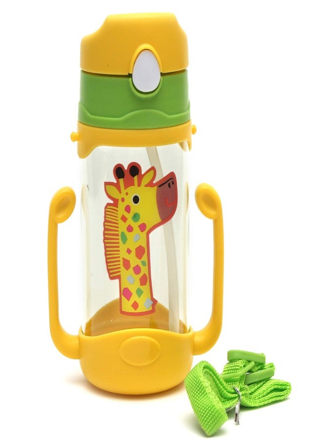 Koochie-Koo Plastic One Touch Open Cute Giraffe Printed Handy Transparent Sippy Cup Bottle, Water Bottles for Toddler Boys & Girls (Yellow, 450 ml, Pack of 1) - Image 1