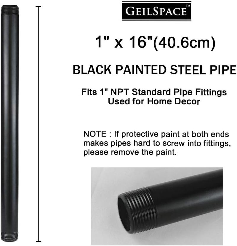 GeilSpace 1" × 16" Pre-Cut Black Metal Pipe, Industrial Steel Fits Standard One Inch Black Threaded Pipes and Fittings - Vintage DIY Industrial Shelving (1" × 16") - Image 1