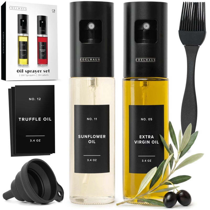 EDELHAUS Oil Sprayer Set of 2 Oil Spray Bottle Made of Stainless Steel & Glass, for Healthy Cooking, Sprayer for Precise Dosage, for Cooking Oil & Vinegar Including (Black Lids, 2 Pack) - Image 1