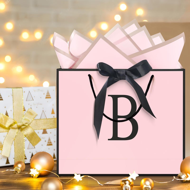 QLSKO Personalized Initial Paper Bag for Women Grils,Monogrammed Gift Bag with Bow Ribbon,Wrapping Tissue and Card Matching Envelope Sticker (Pink, B-Medium) - Image 4
